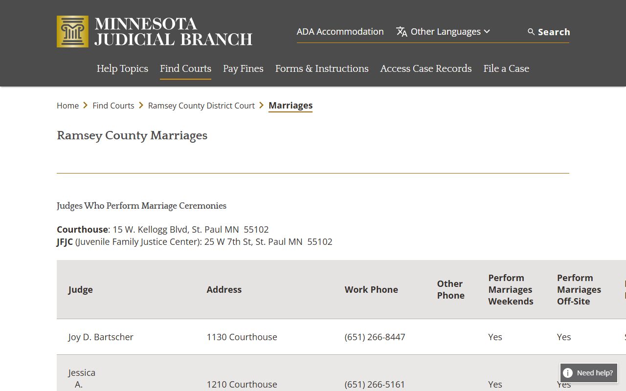 St. Paul Ramsey County judicial marriages for marriage records