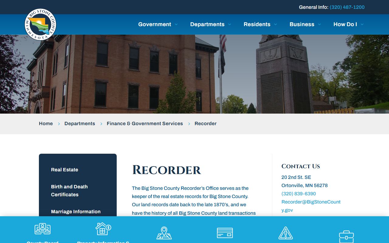 Big Stone County official website showing recorder office and marriage records resources in Ortonville