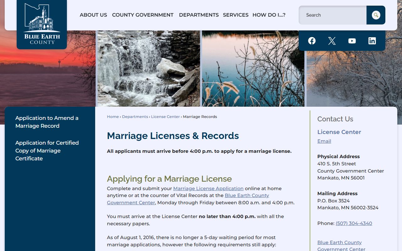 Blue Earth County marriage records page showing license and certified copy services in Mankato