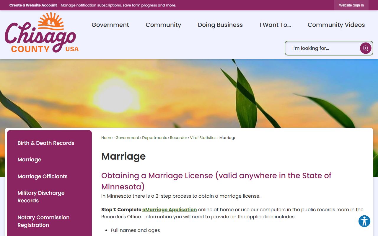 Chisago County marriage records page showing license requirements and certified copy request process