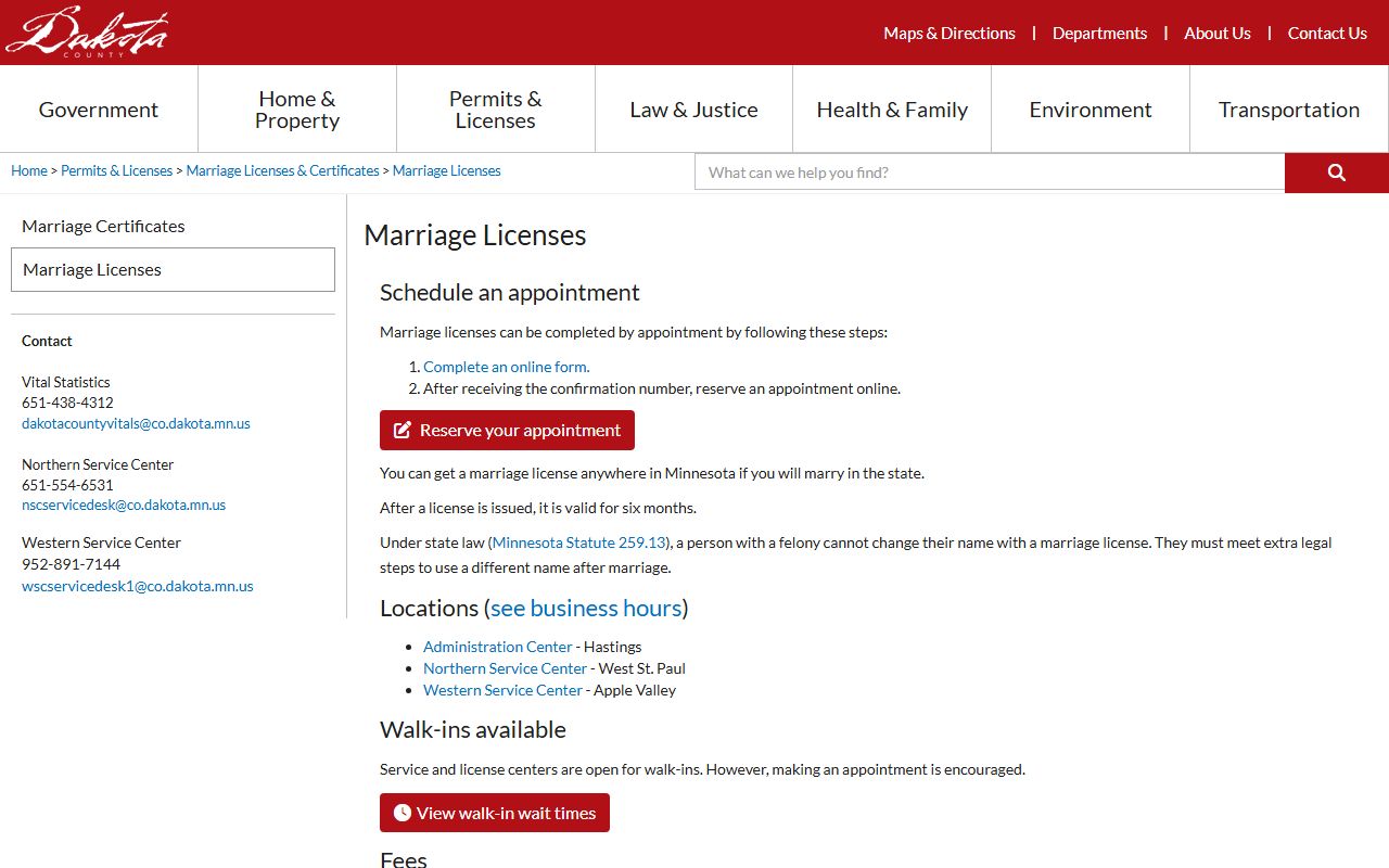 Dakota County marriage licenses page showing online application portal and service center options