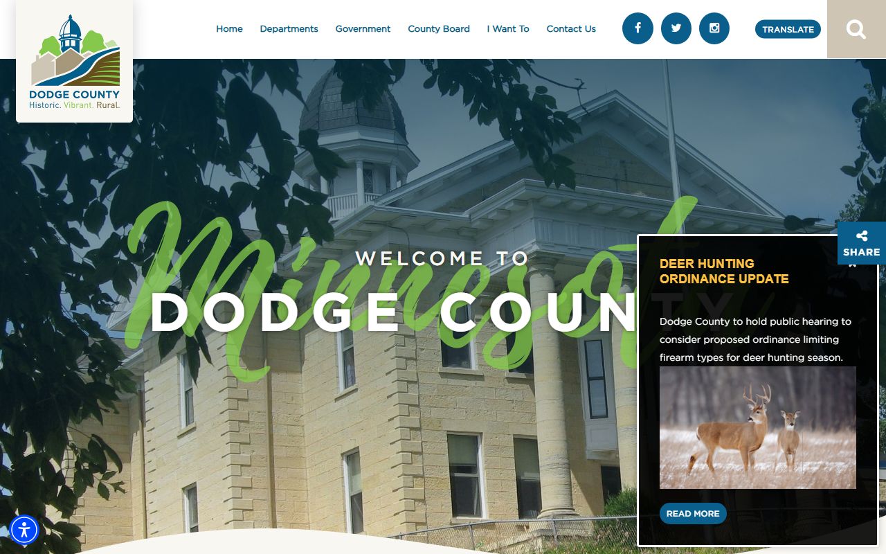 Dodge County official website showing Land Records Department and marriage records information in Mantorville