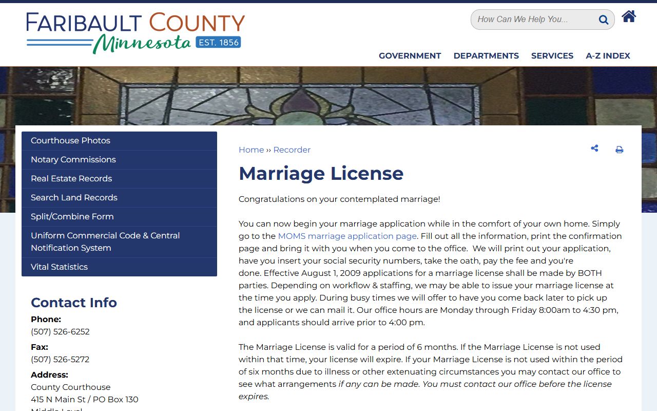 Faribault County Recorder marriage records resource