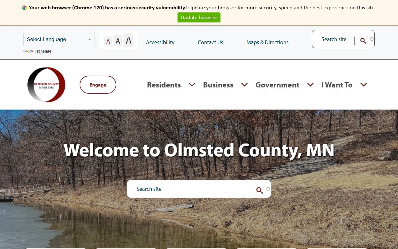 Olmsted County government website homepage showing vital records and marriage license services in Rochester