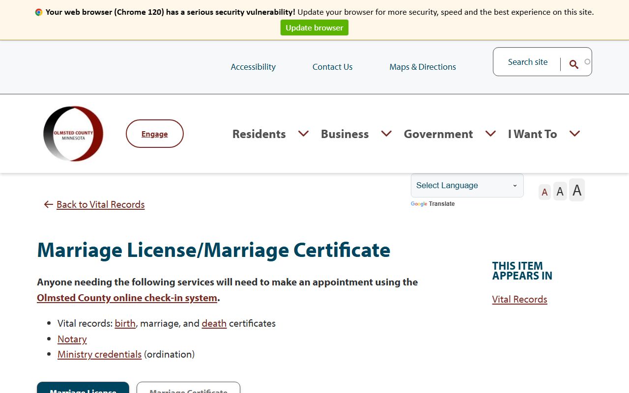 Olmsted County marriage license and certificate information page for Rochester area residents