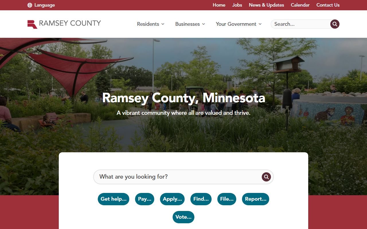 Ramsey County official website showing vital records services and marriage license information in Saint Paul, Minnesota