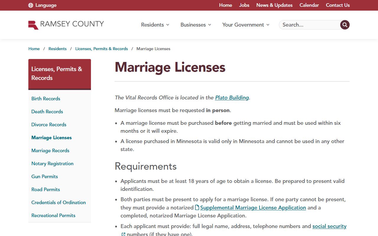 Ramsey County marriage license information page showing appointment requirements and application details for Saint Paul