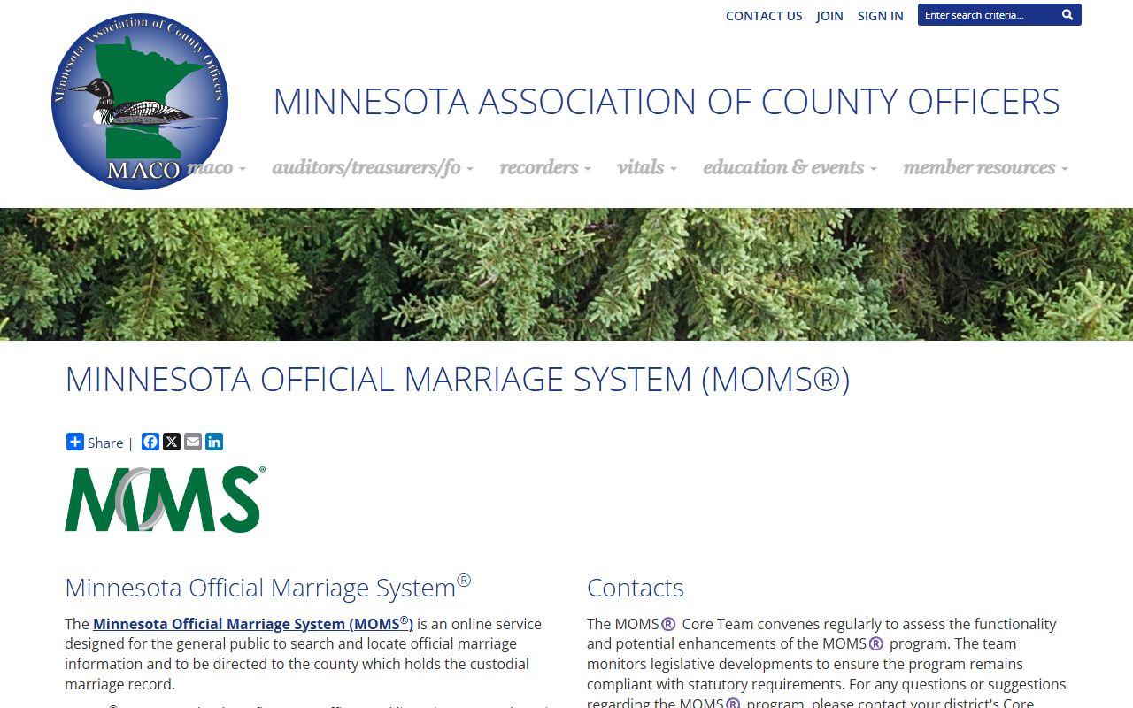 Minnesota Association of County Officers MACO MOMS program page for Minnesota marriage records