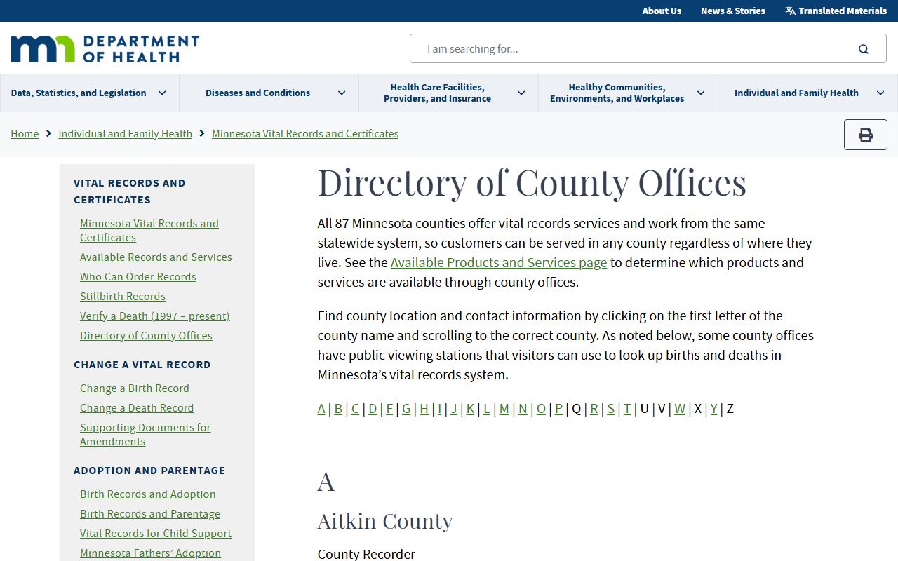 Minnesota Department of Health county directory listing all 87 county vital records offices