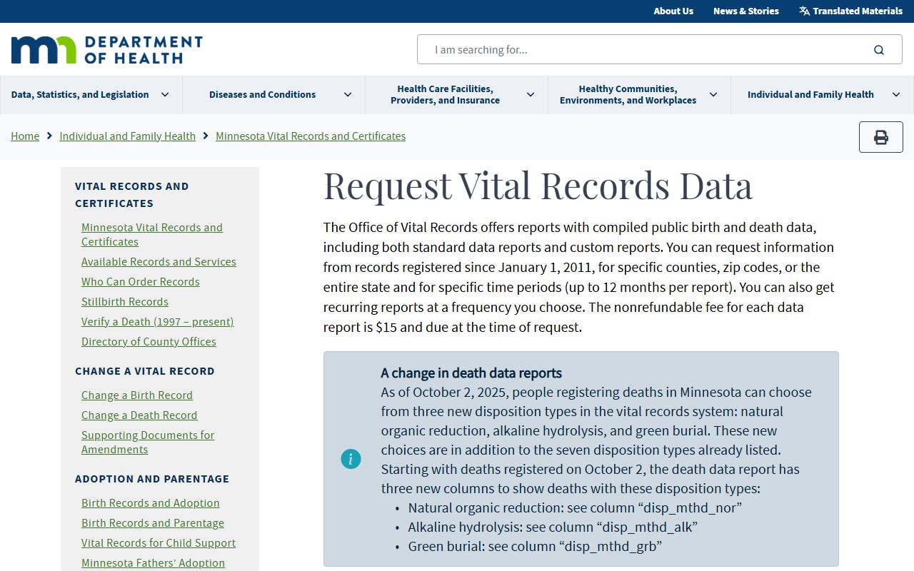 Minnesota Department of Health vital records data request page for Minnesota marriage and vital records research