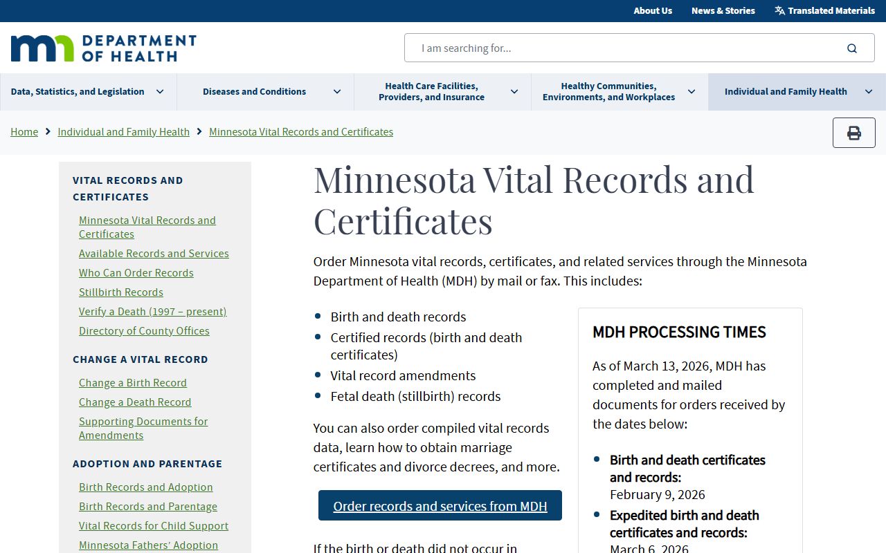 Minnesota Department of Health processing times and vital records access information