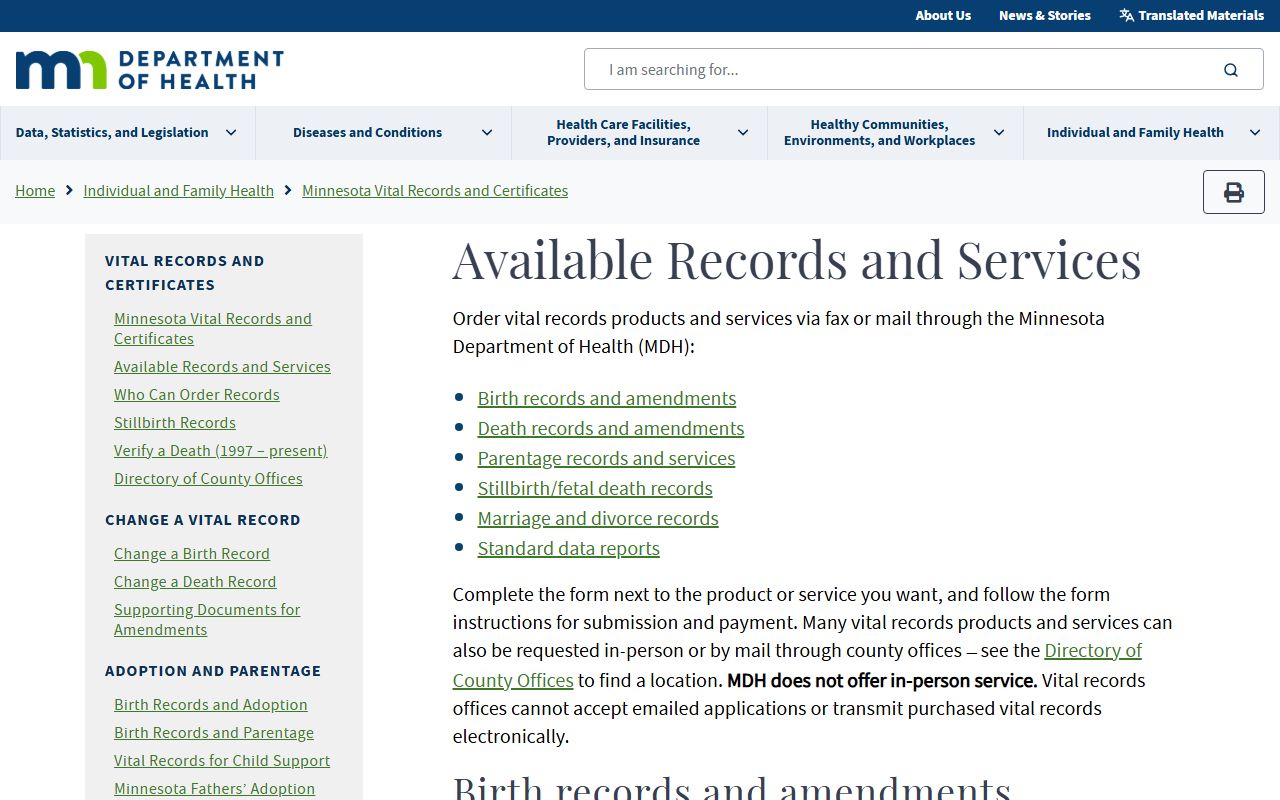 Minnesota Department of Health vital records page showing marriage records information