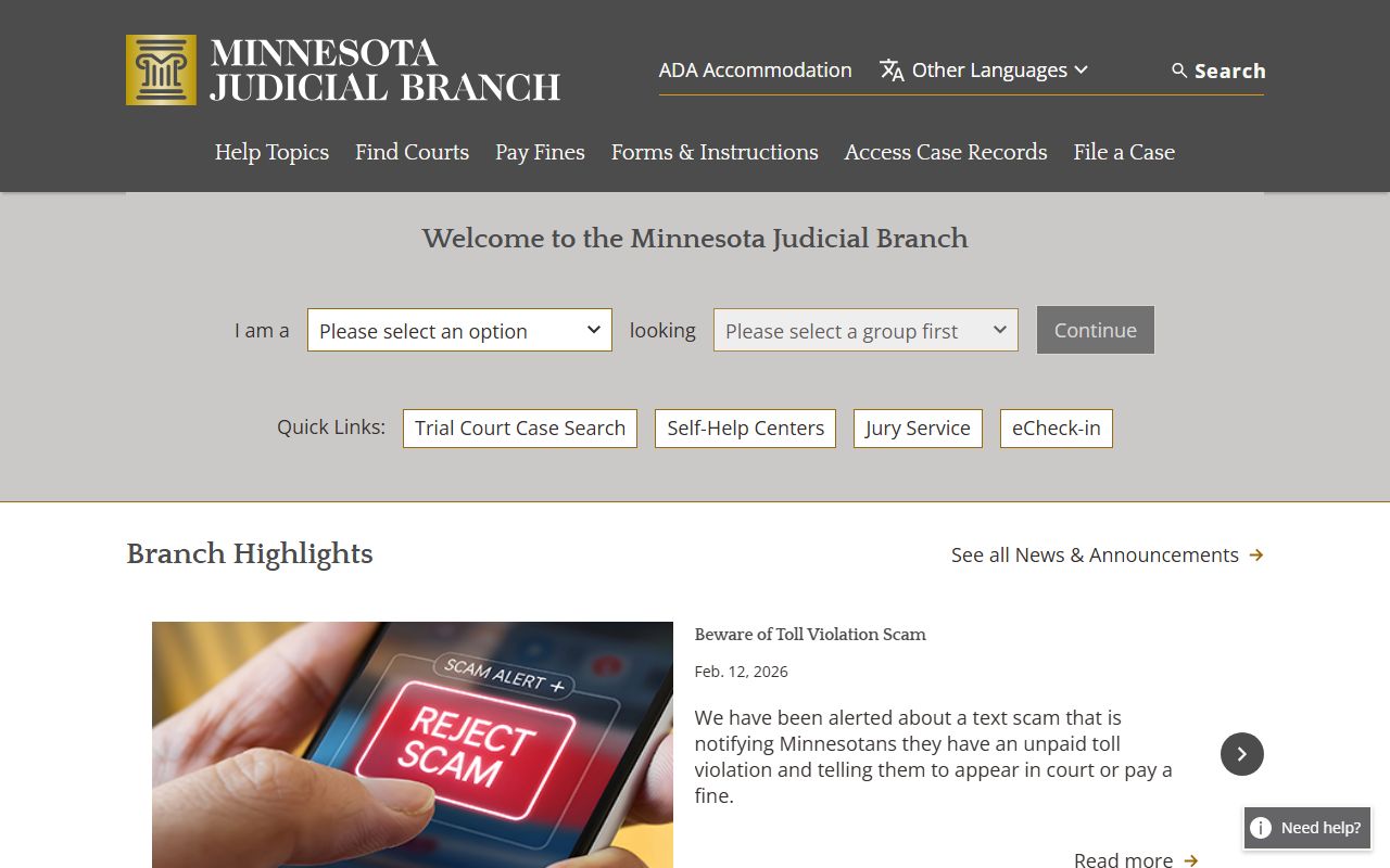 Minnesota Judicial Branch website showing courthouse marriage ceremony options and court records access