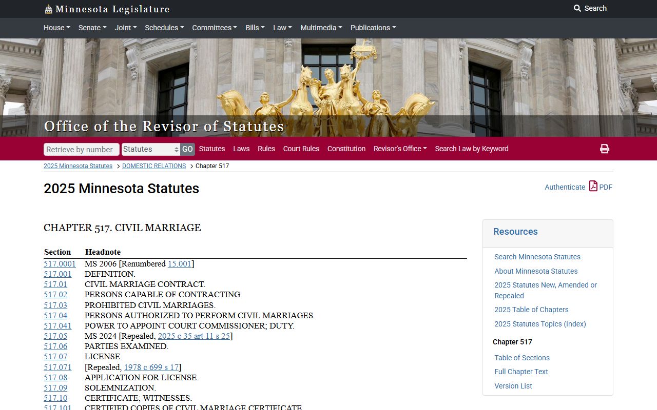 Minnesota Statutes Chapter 517 civil marriage law governing Minnesota marriage records