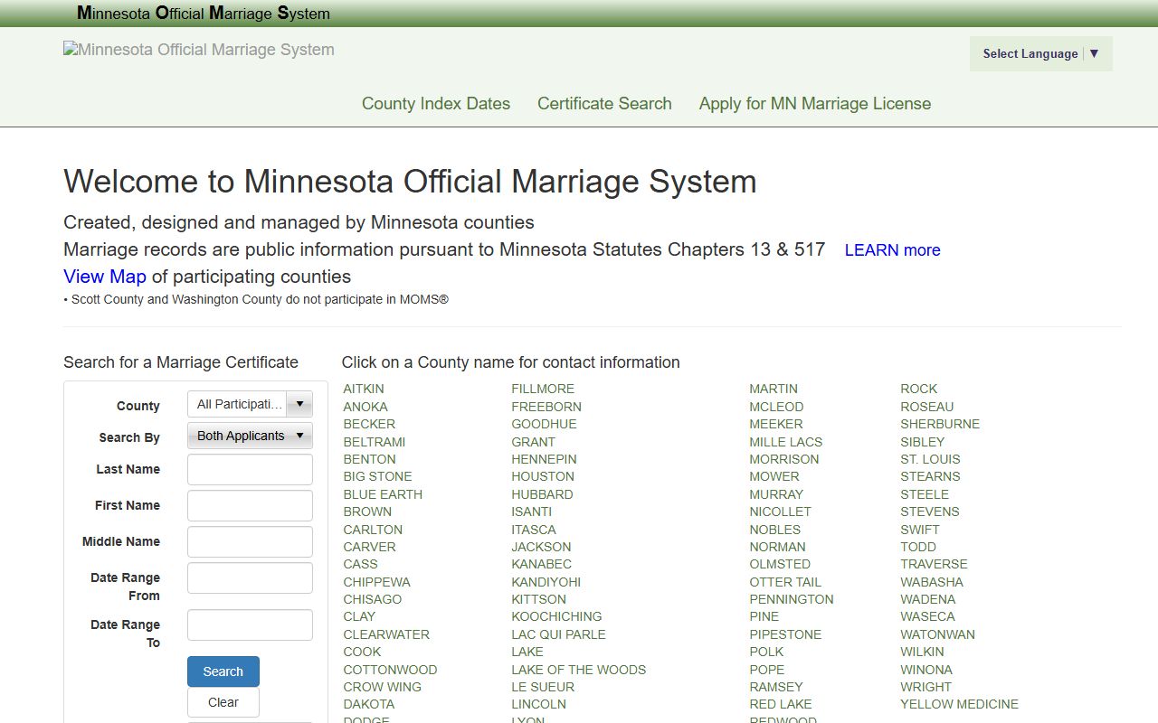 Minnesota Official Marriage System MOMS homepage for searching Minnesota marriage records