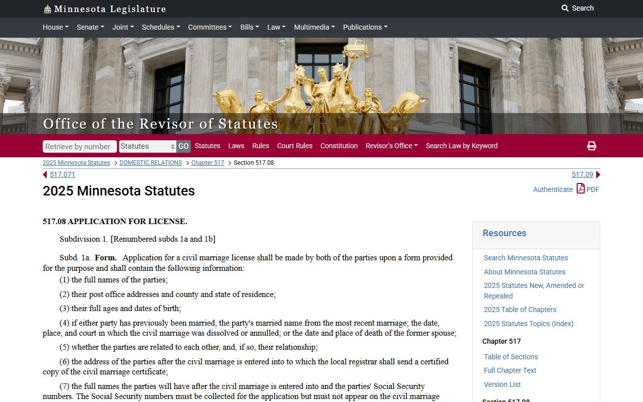 Minnesota Statute 517.08 governing marriage license applications and requirements